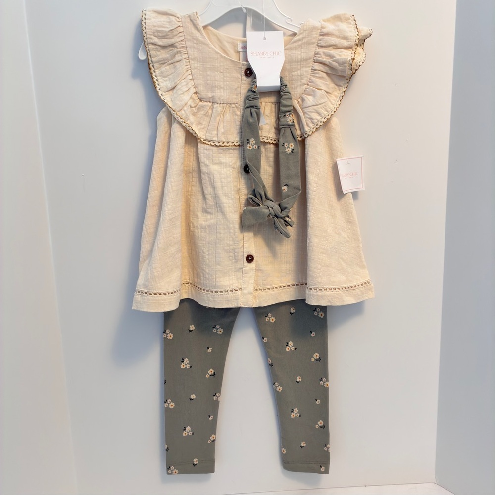 Shabby Chic Toddler Girl's Ruffle Top Leggings Headband 3 Piece Set Size 3T New